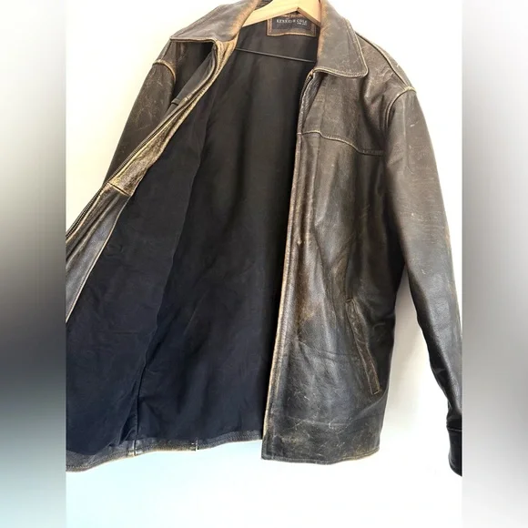 Kenneth Cole New York Men’s L Heavyweight Distressed Brown Leather Jacket Patina